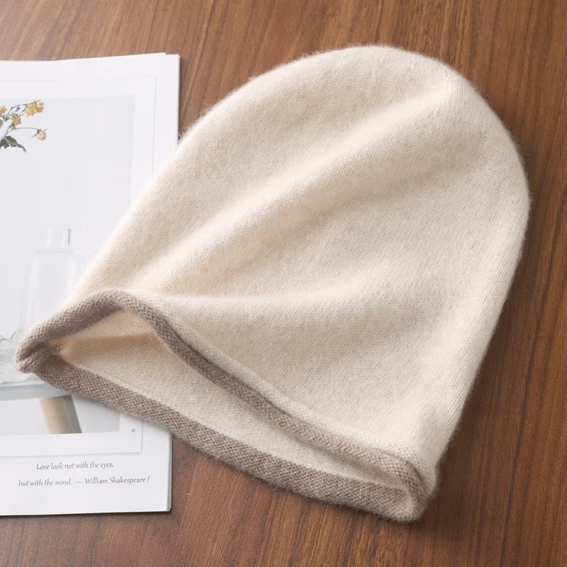 Winter Hat Regardless Of Gender 100% Merino Wool Knitted 2024 New Women's Soft Warm Bean Hat Fashion Outdoor Curly-brimmed Hat