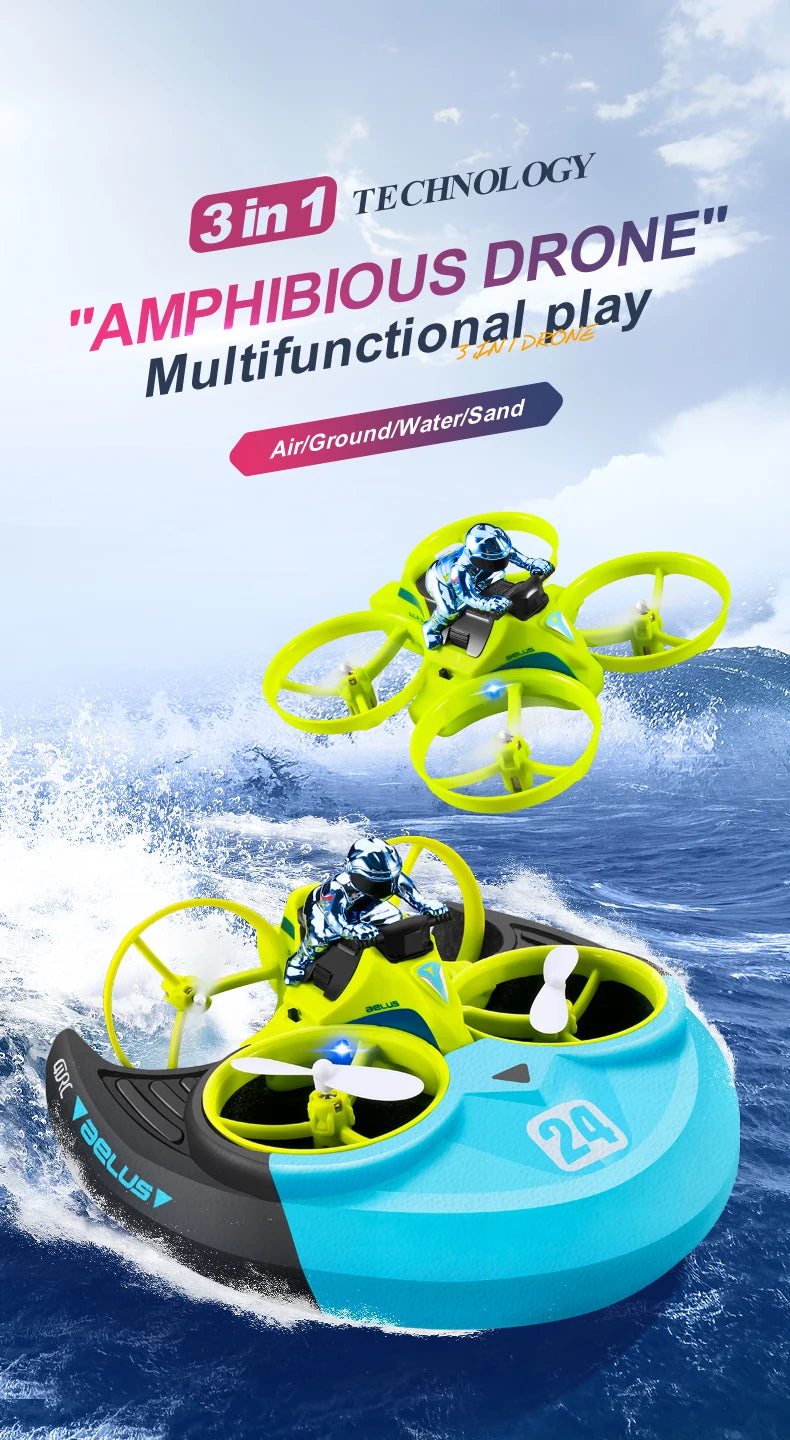 RC Mini Drone Altitude Hold Headless Mode 3 in 1 Sea Land Air Flight 2.4G 6-Axis Quadcopter Boat RC Helicopter For Kid