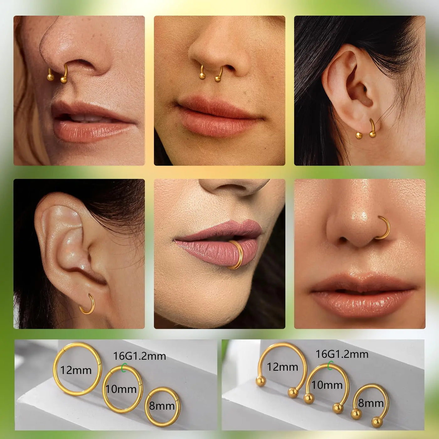 1/6/12PCS Nose Septum Rings 16G Surgical Steel Nose Piercing Jewelry 8mm 10mm 12mm Horseshoe Lip Earring Eyebrow Hoop Gold