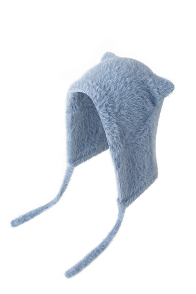 Winter Mink Velvet Fur Beanies for Women Men Cute Bear Ear Knitted Hat Crimped Straps Pullover Hat Hoody Balaclava Mom Gift