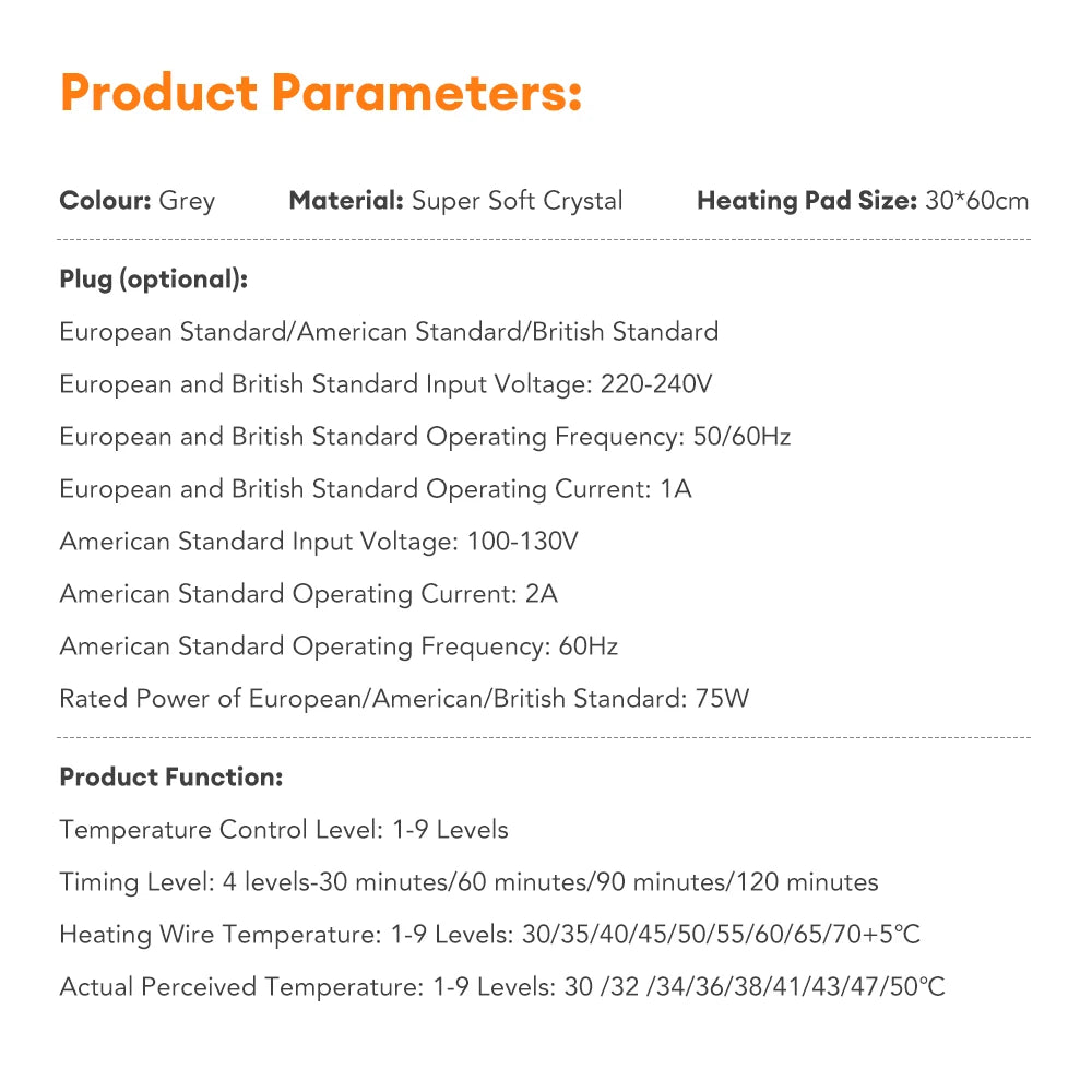 Electric Heating Blanket Thermal Pads Warmer 9 Levels Heated Mat Soft&Safe Winter Body Back Leg Warmer Pads Home Use  60*30cm