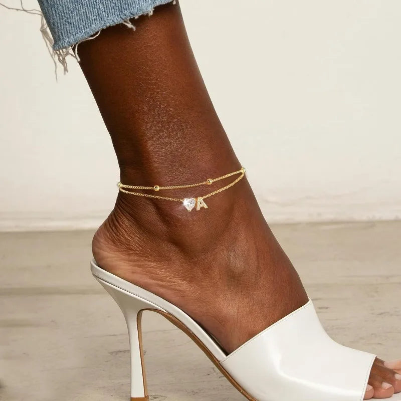 Waterproof 14K Gold Ankle Bracelets for Women, with Plated Dainty Layered Heart CZ Initial