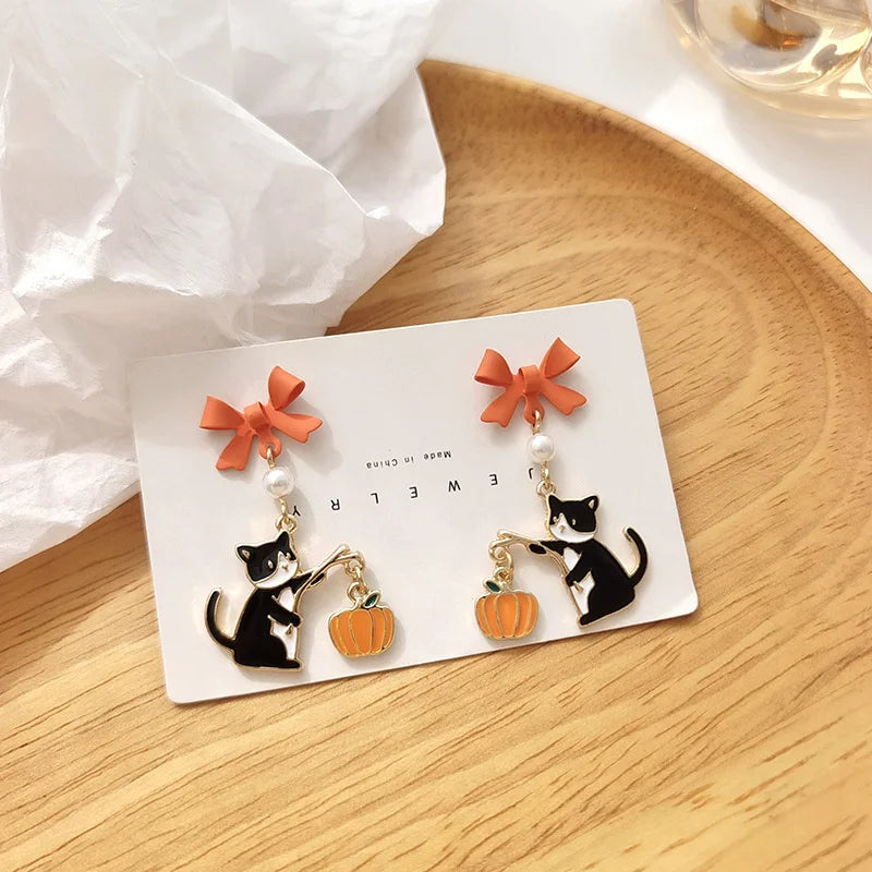 Lovely Cat Pumpkin Stud Earrings for Women Fashion Dangle Piercing Jewelry Star Bowknot Fish Bone Statement Party Ear Drop Gifts