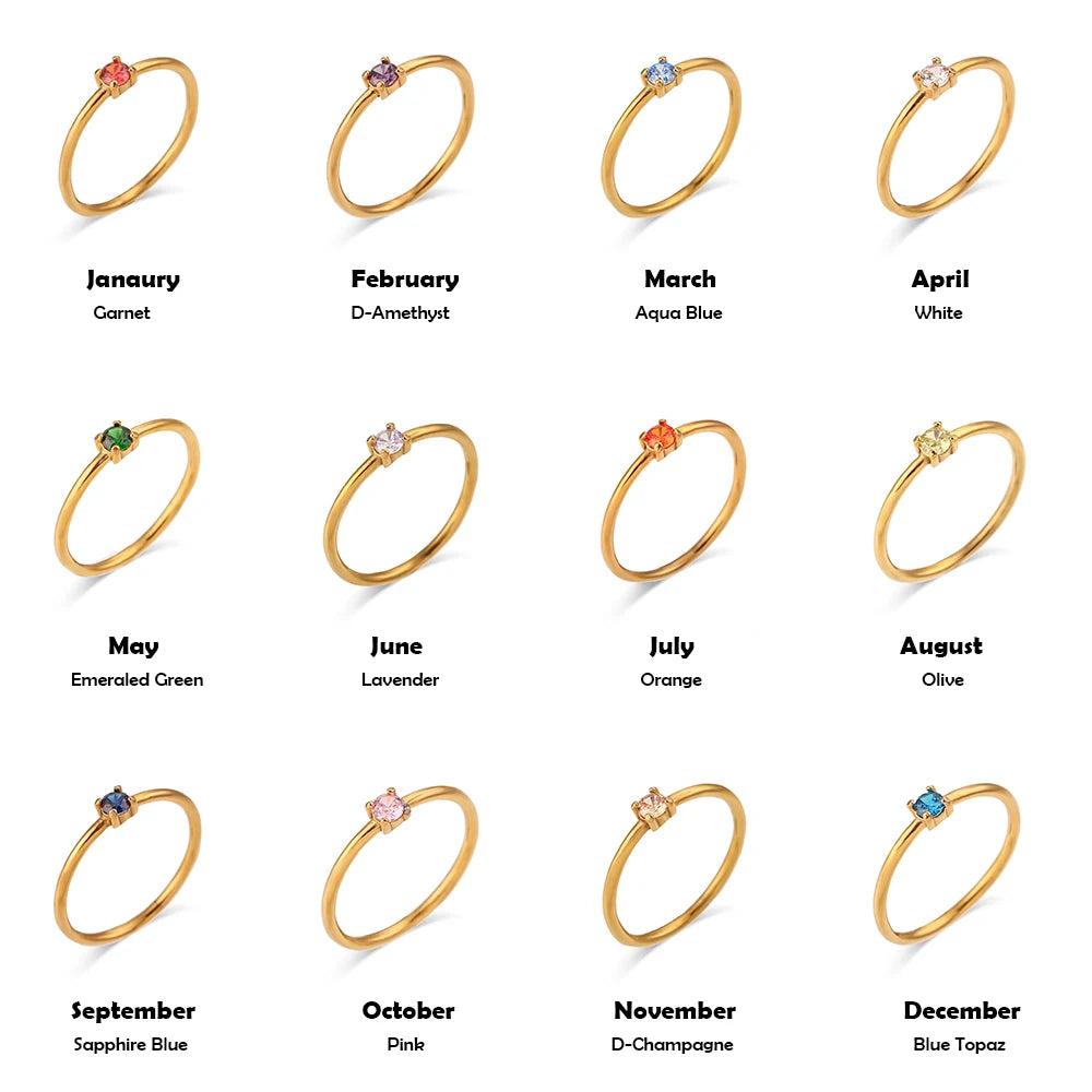 E.B.belle 12 Months Constellation CZ Birthstone Rings For Woman Gold Plated Stainless Steel Zodiac Birthday Gift Ring Jewelry