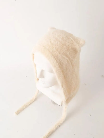 Winter Mink Velvet Fur Beanies for Women Men Cute Bear Ear Knitted Hat Crimped Straps Pullover Hat Hoody Balaclava Mom Gift