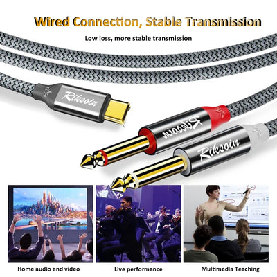 USB Type-C To Dual 6.35mm Jack 1/4 Audio Cable Y Insert Cable Splitter for iPad Laptop Mobile Phone Tablet To Speaker Mixer bass