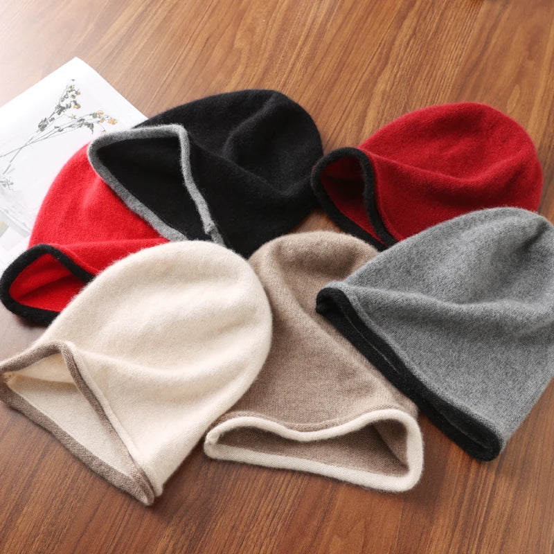 Winter Hat Regardless Of Gender 100% Merino Wool Knitted 2024 New Women's Soft Warm Bean Hat Fashion Outdoor Curly-brimmed Hat