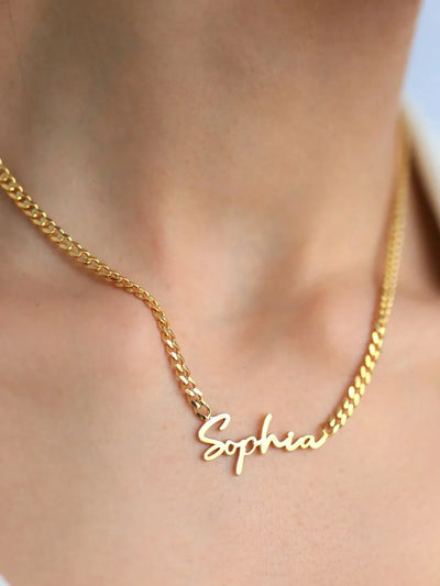 Personalised 18K Gold Name Necklace with Curb Chain, Custom Gothic Name Necklace, Birthday Gift for her, Christmas Gift for Her