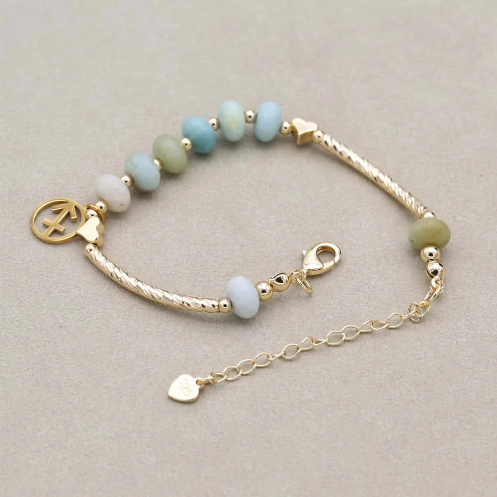 12 Zodiac Constellation Natural Stone Amazonite Beads Charm Strand Bracelet for Women Gold Plated Fashion Jewelry Gifts