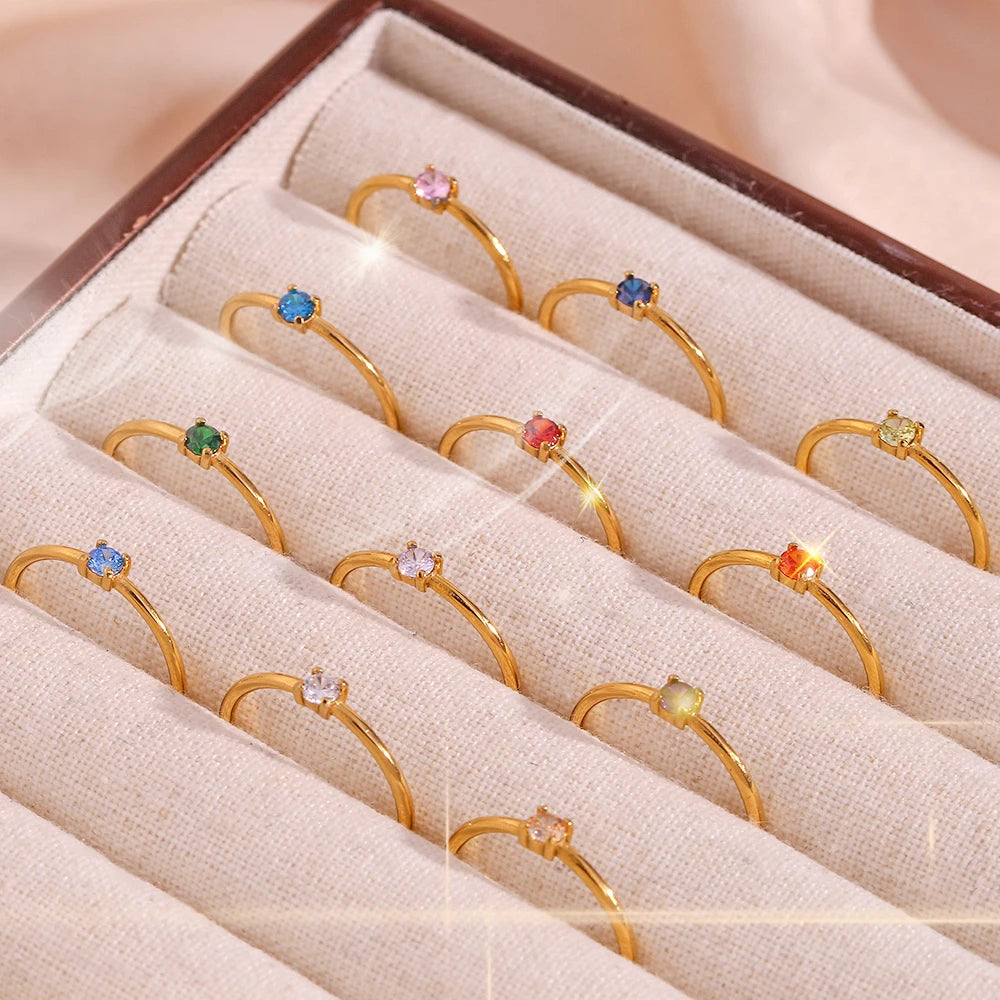 E.B.belle 12 Months Constellation CZ Birthstone Rings For Woman Gold Plated Stainless Steel Zodiac Birthday Gift Ring Jewelry