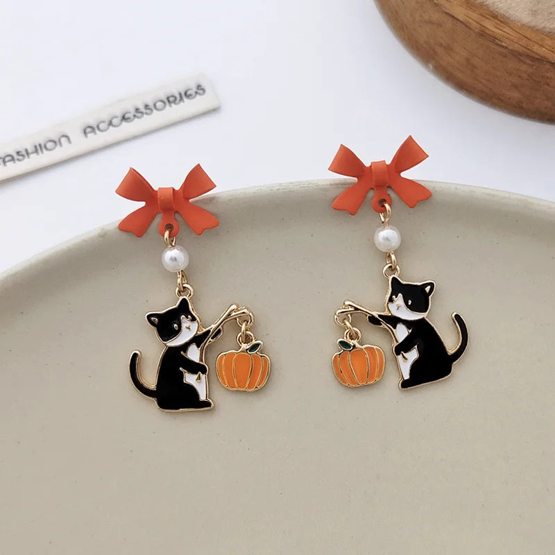 Lovely Cat Pumpkin Stud Earrings for Women Fashion Dangle Piercing Jewelry Star Bowknot Fish Bone Statement Party Ear Drop Gifts