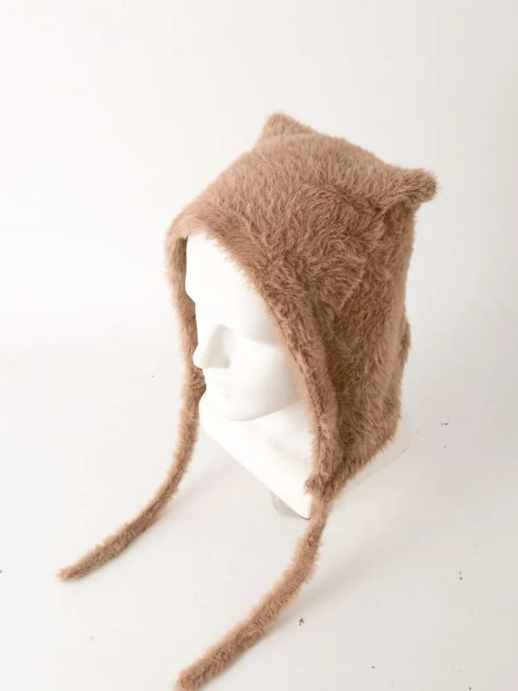Winter Mink Velvet Fur Beanies for Women Men Cute Bear Ear Knitted Hat Crimped Straps Pullover Hat Hoody Balaclava Mom Gift