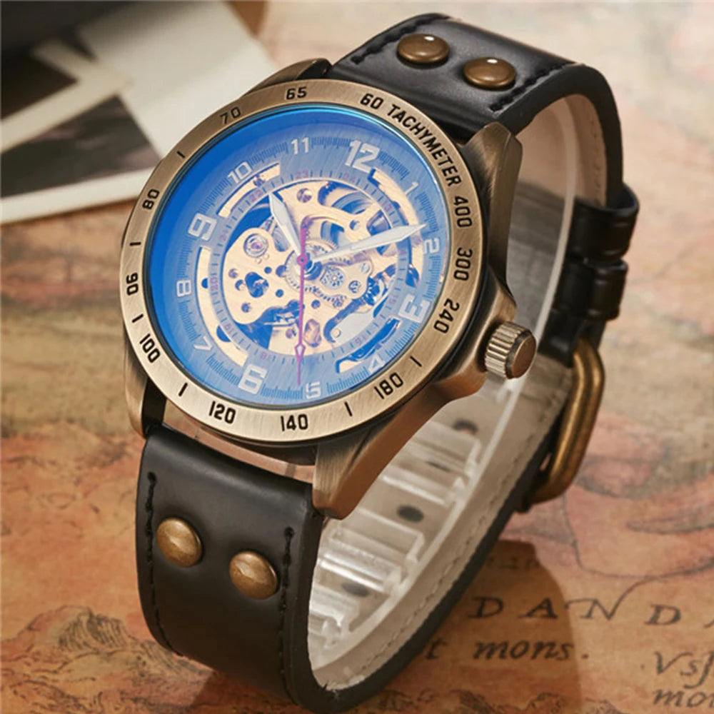 Waterproof, Automatic, Mechanical Wrist Watch for Men with Genuine Leather