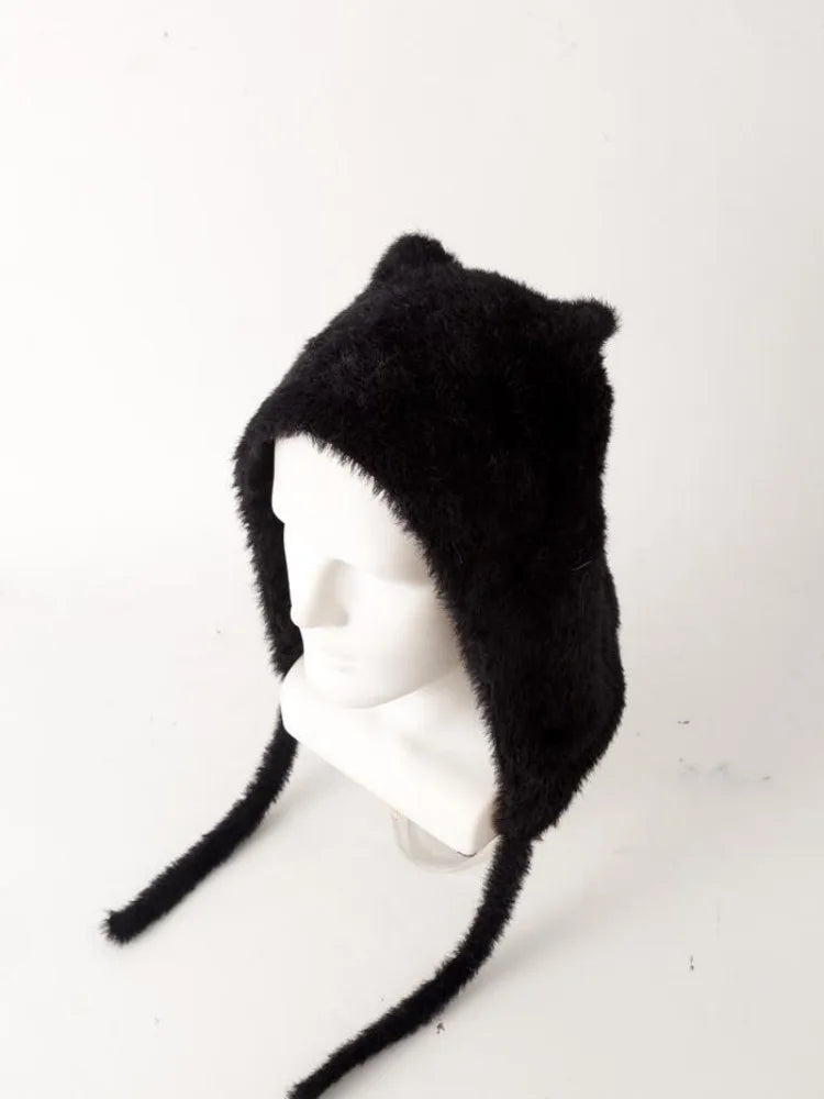 Winter Mink Velvet Fur Beanies for Women Men Cute Bear Ear Knitted Hat Crimped Straps Pullover Hat Hoody Balaclava Mom Gift