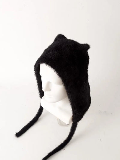 Winter Mink Velvet Fur Beanies for Women Men Cute Bear Ear Knitted Hat Crimped Straps Pullover Hat Hoody Balaclava Mom Gift