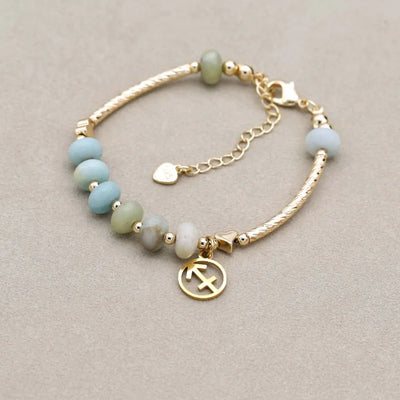12 Zodiac Constellation Natural Stone Amazonite Beads Charm Strand Bracelet for Women Gold Plated Fashion Jewelry Gifts