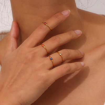 E.B.belle 12 Months Constellation CZ Birthstone Rings For Woman Gold Plated Stainless Steel Zodiac Birthday Gift Ring Jewelry