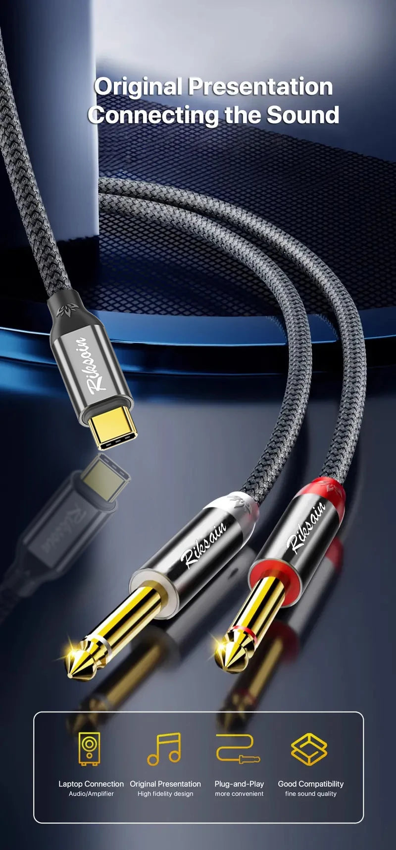 USB Type-C To Dual 6.35mm Jack 1/4 Audio Cable Y Insert Cable Splitter for iPad Laptop Mobile Phone Tablet To Speaker Mixer bass