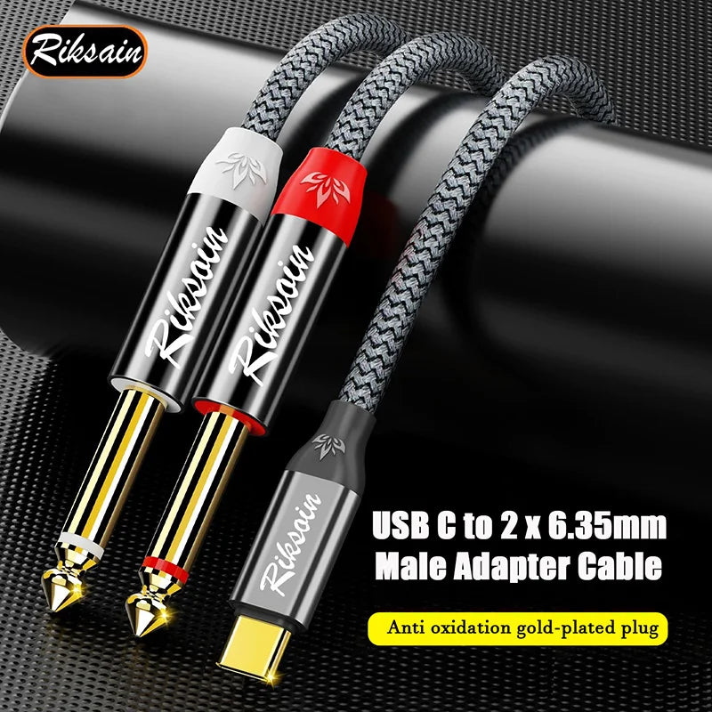 USB Type-C To Dual 6.35mm Jack 1/4 Audio Cable Y Insert Cable Splitter for iPad Laptop Mobile Phone Tablet To Speaker Mixer bass