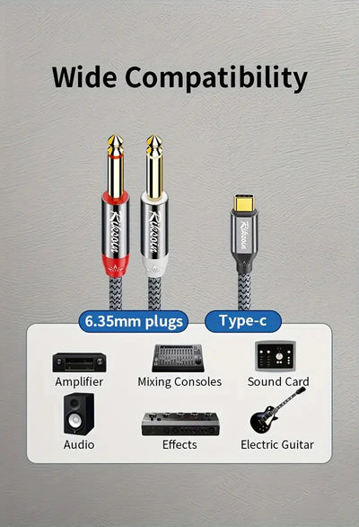 USB Type-C To Dual 6.35mm Jack 1/4 Audio Cable Y Insert Cable Splitter for iPad Laptop Mobile Phone Tablet To Speaker Mixer bass