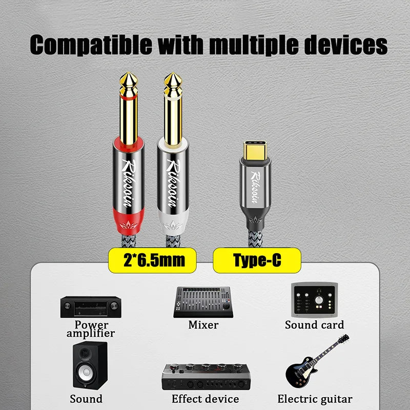 USB Type-C To Dual 6.35mm Jack 1/4 Audio Cable Y Insert Cable Splitter for iPad Laptop Mobile Phone Tablet To Speaker Mixer bass