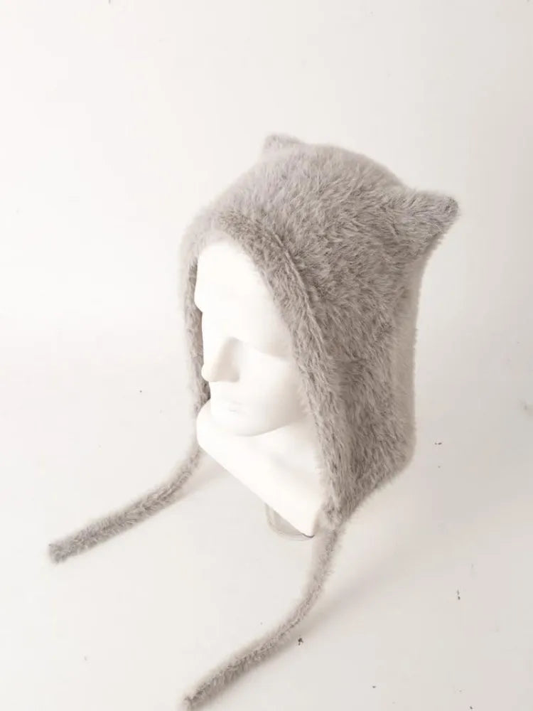 Winter Mink Velvet Fur Beanies for Women Men Cute Bear Ear Knitted Hat Crimped Straps Pullover Hat Hoody Balaclava Mom Gift