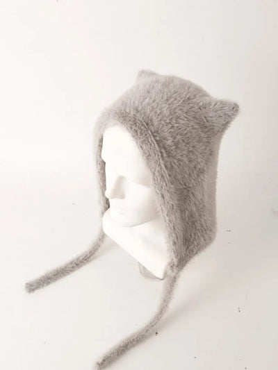 Winter Mink Velvet Fur Beanies for Women Men Cute Bear Ear Knitted Hat Crimped Straps Pullover Hat Hoody Balaclava Mom Gift