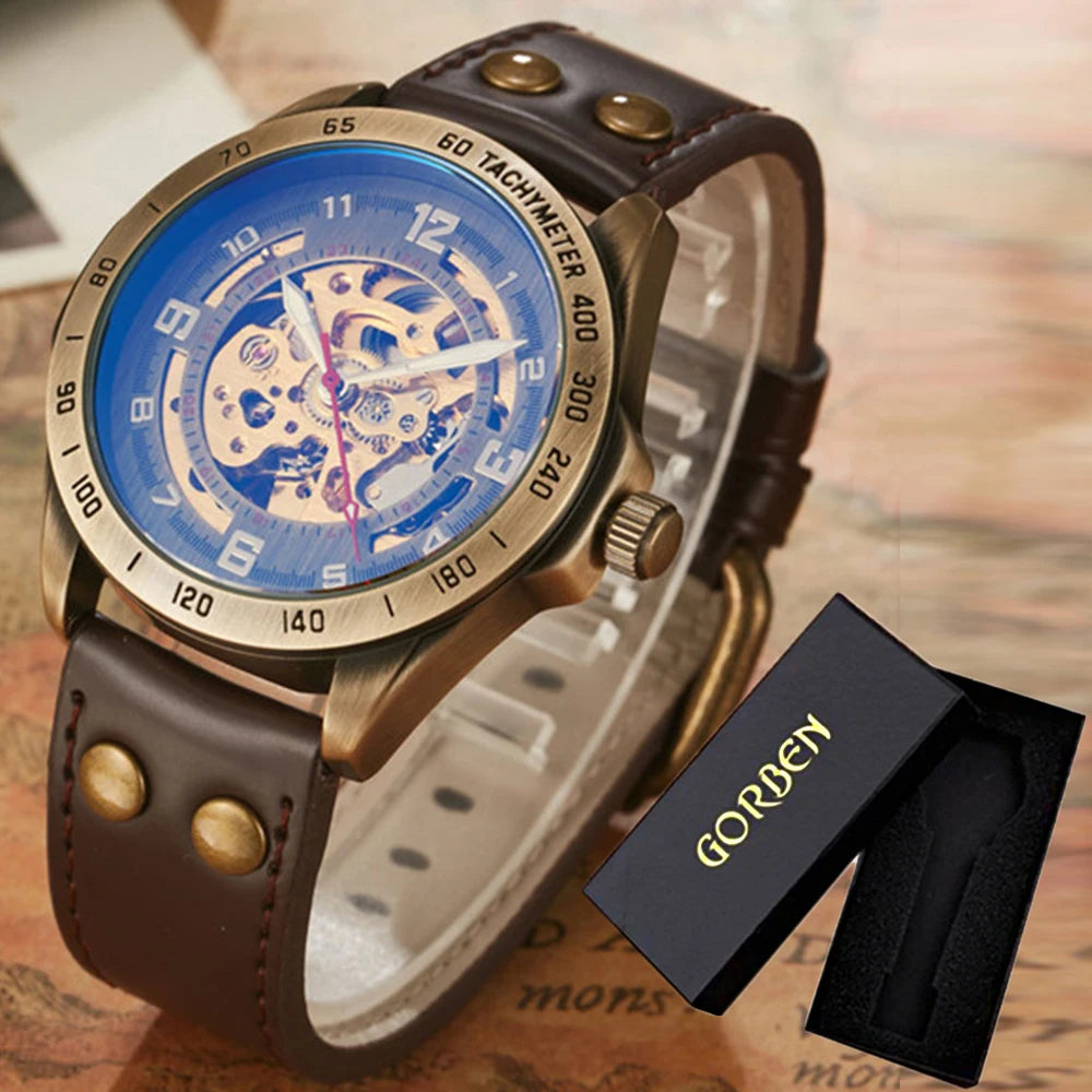 Waterproof, Automatic, Mechanical Wrist Watch for Men with Genuine Leather