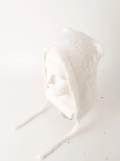 Winter Mink Velvet Fur Beanies for Women Men Cute Bear Ear Knitted Hat Crimped Straps Pullover Hat Hoody Balaclava Mom Gift