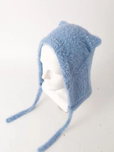 Winter Mink Velvet Fur Beanies for Women Men Cute Bear Ear Knitted Hat Crimped Straps Pullover Hat Hoody Balaclava Mom Gift