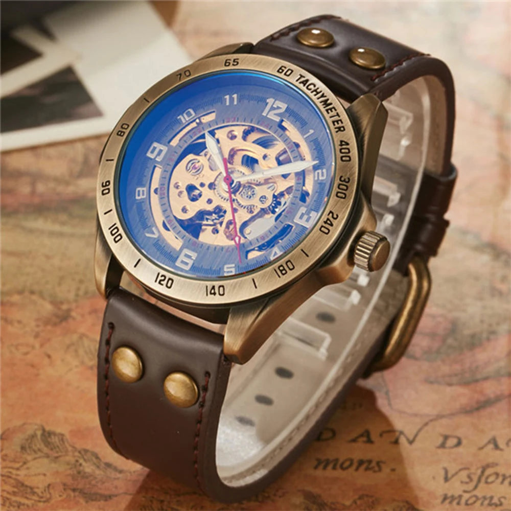 Waterproof, Automatic, Mechanical Wrist Watch for Men with Genuine Leather