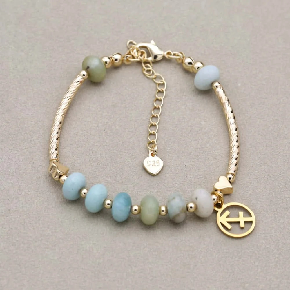 12 Zodiac Constellation Natural Stone Amazonite Beads Charm Strand Bracelet for Women Gold Plated Fashion Jewelry Gifts