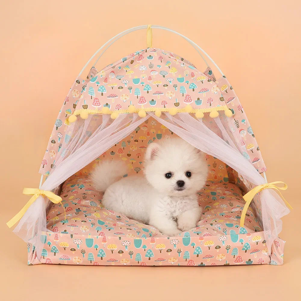 Pet Dog Tent House Floral Print Enclosed Cat Tent Bed Indoor Folding Portable Comfortable Kitten Bed Kennel For Small Pets