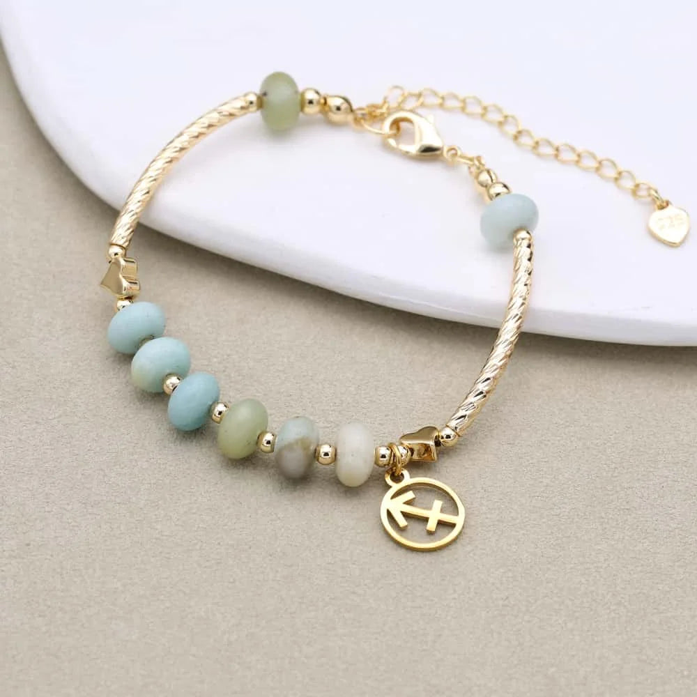12 Zodiac Constellation Natural Stone Amazonite Beads Charm Strand Bracelet for Women Gold Plated Fashion Jewelry Gifts