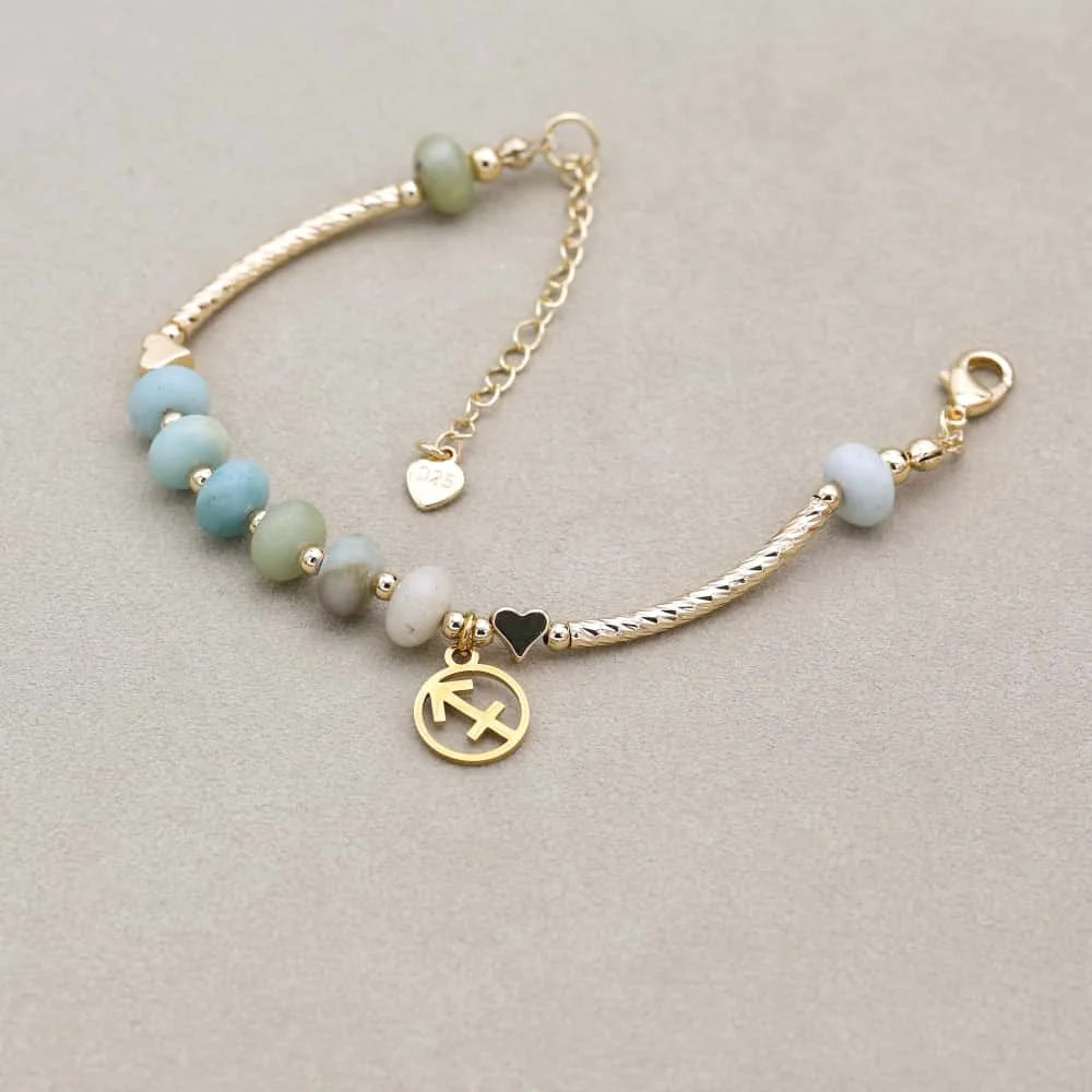 12 Zodiac Constellation Natural Stone Amazonite Beads Charm Strand Bracelet for Women Gold Plated Fashion Jewelry Gifts