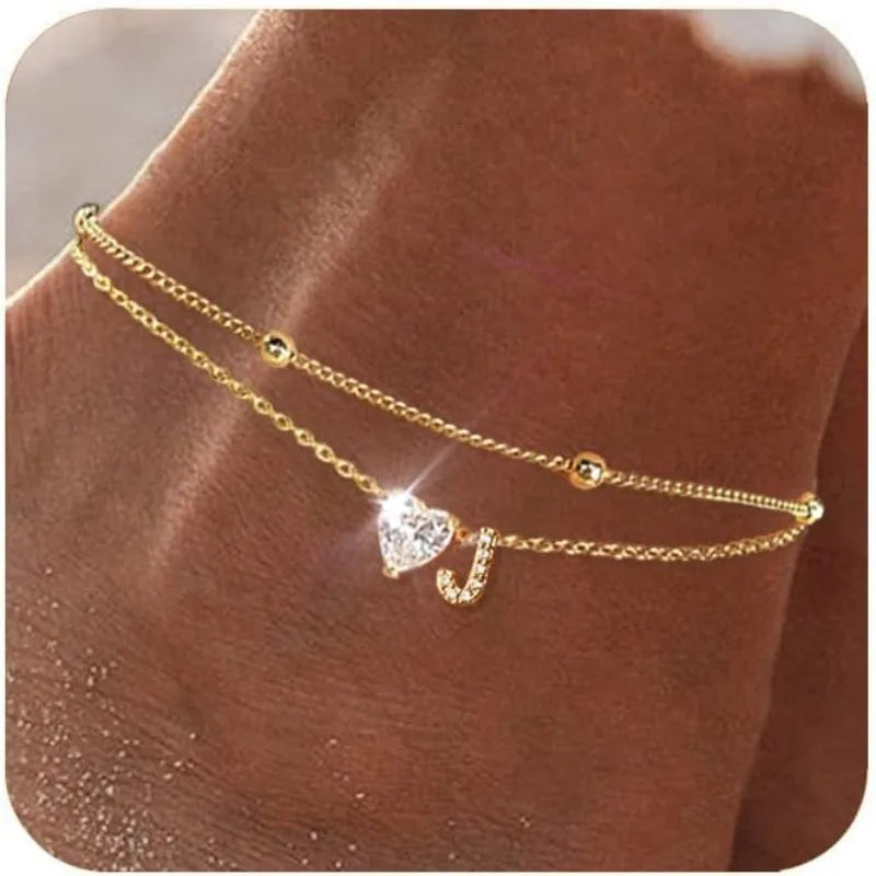 Waterproof 14K Gold Ankle Bracelets for Women, with Plated Dainty Layered Heart CZ Initial