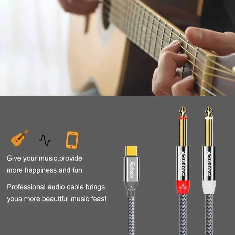 USB Type-C To Dual 6.35mm Jack 1/4 Audio Cable Y Insert Cable Splitter for iPad Laptop Mobile Phone Tablet To Speaker Mixer bass