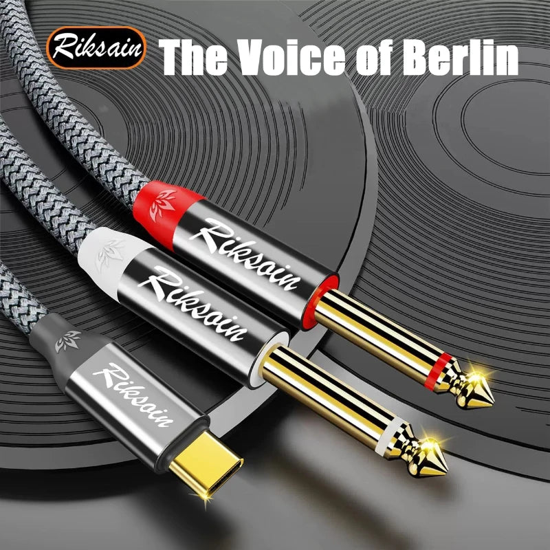 USB Type-C To Dual 6.35mm Jack 1/4 Audio Cable Y Insert Cable Splitter for iPad Laptop Mobile Phone Tablet To Speaker Mixer bass