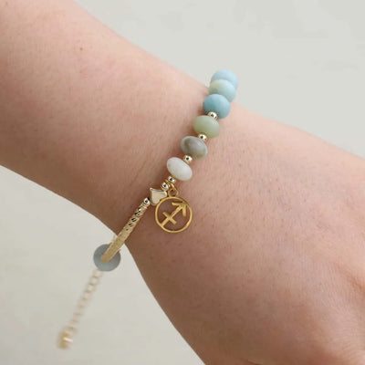 12 Zodiac Constellation Natural Stone Amazonite Beads Charm Strand Bracelet for Women Gold Plated Fashion Jewelry Gifts