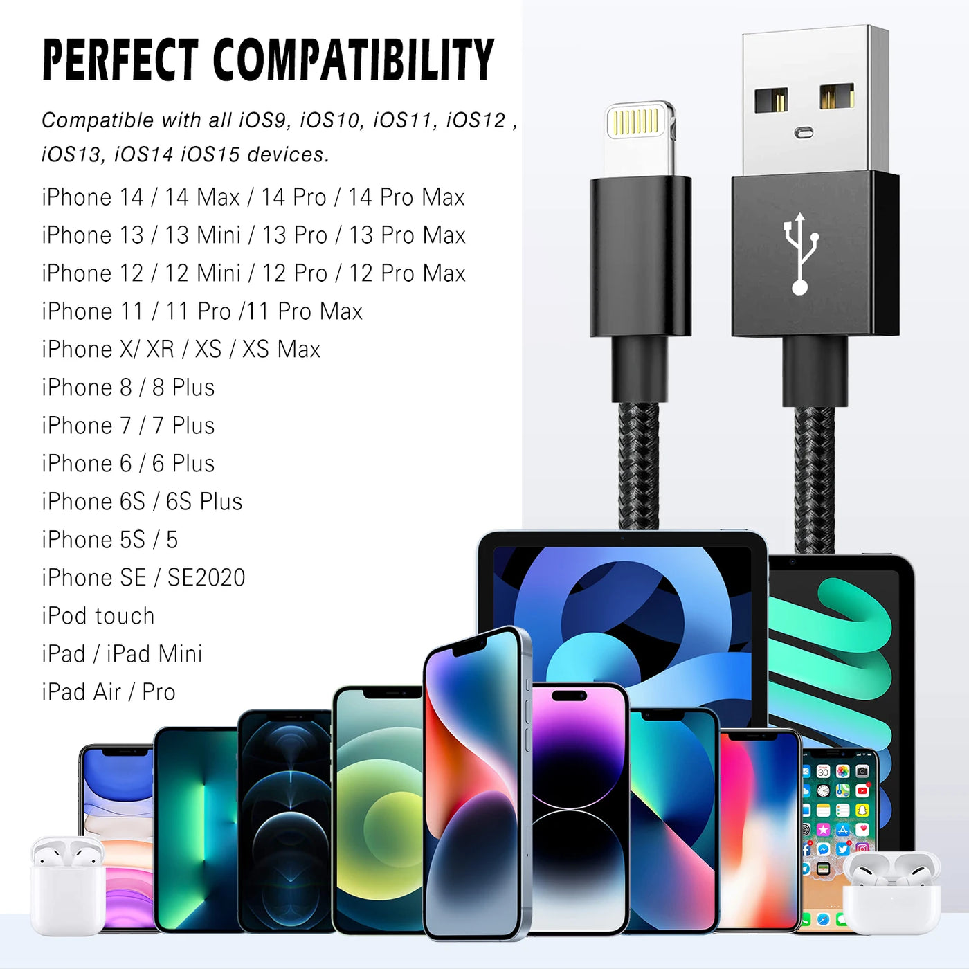 2.4A USB Cable For iPhone 13 12 11 14 Pro Max XR X XS Max 6S 6 7 8 Plus iPad iPhone Charger Fast Charging Cord Data Charger Wire