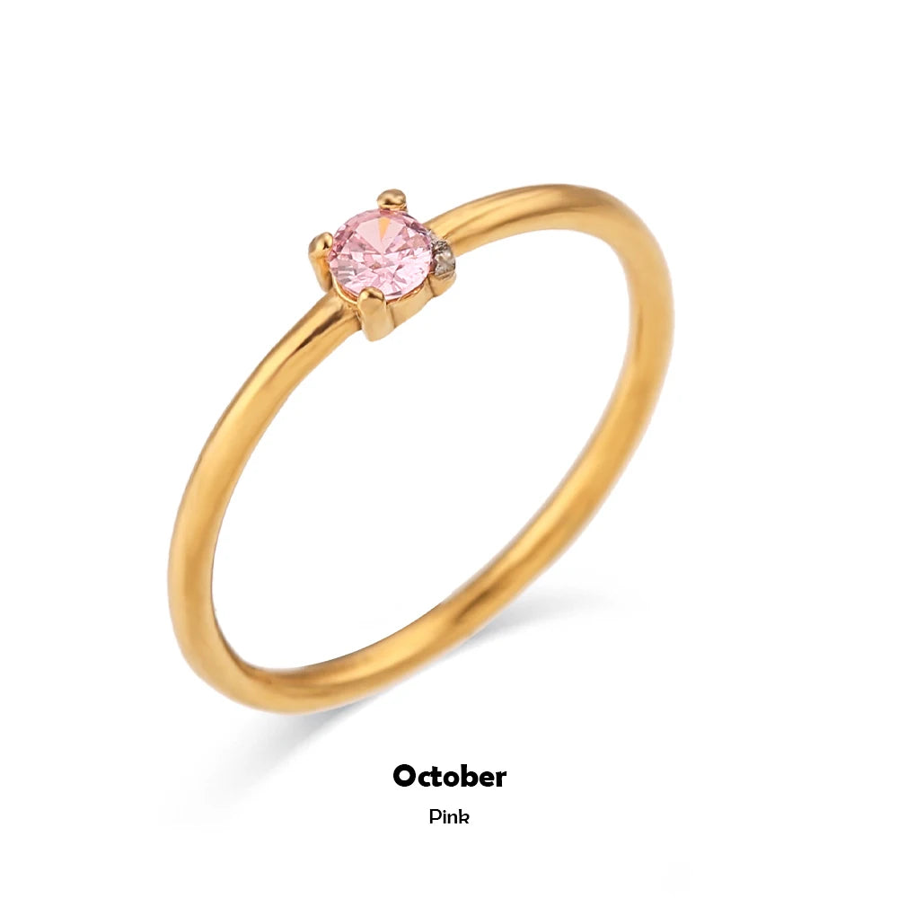 E.B.belle 12 Months Constellation CZ Birthstone Rings For Woman Gold Plated Stainless Steel Zodiac Birthday Gift Ring Jewelry
