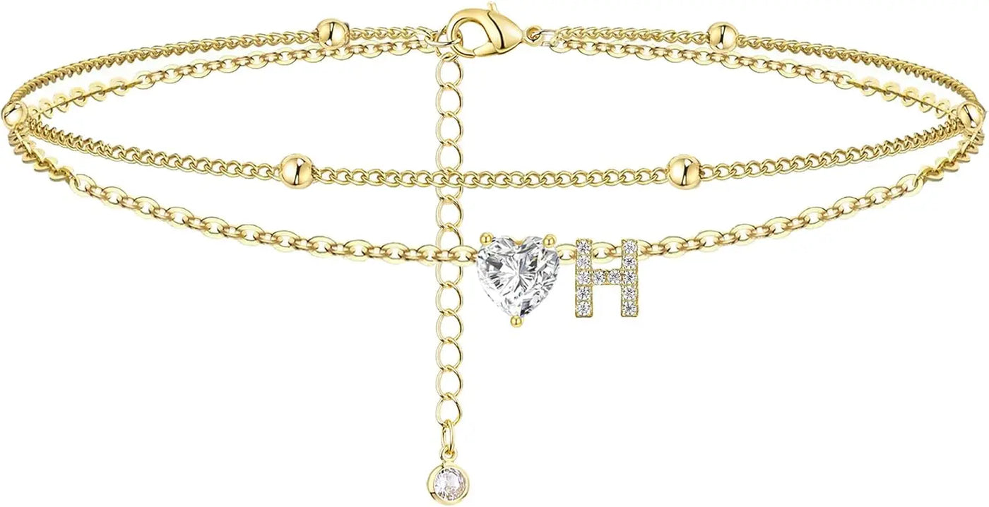 Waterproof 14K Gold Ankle Bracelets for Women, with Plated Dainty Layered Heart CZ Initial