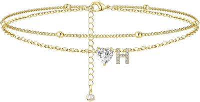 Waterproof 14K Gold Ankle Bracelets for Women, with Plated Dainty Layered Heart CZ Initial