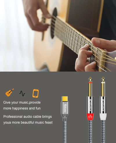 USB Type-C To Dual 6.35mm Jack 1/4 Audio Cable Y Insert Cable Splitter for iPad Laptop Mobile Phone Tablet To Speaker Mixer bass