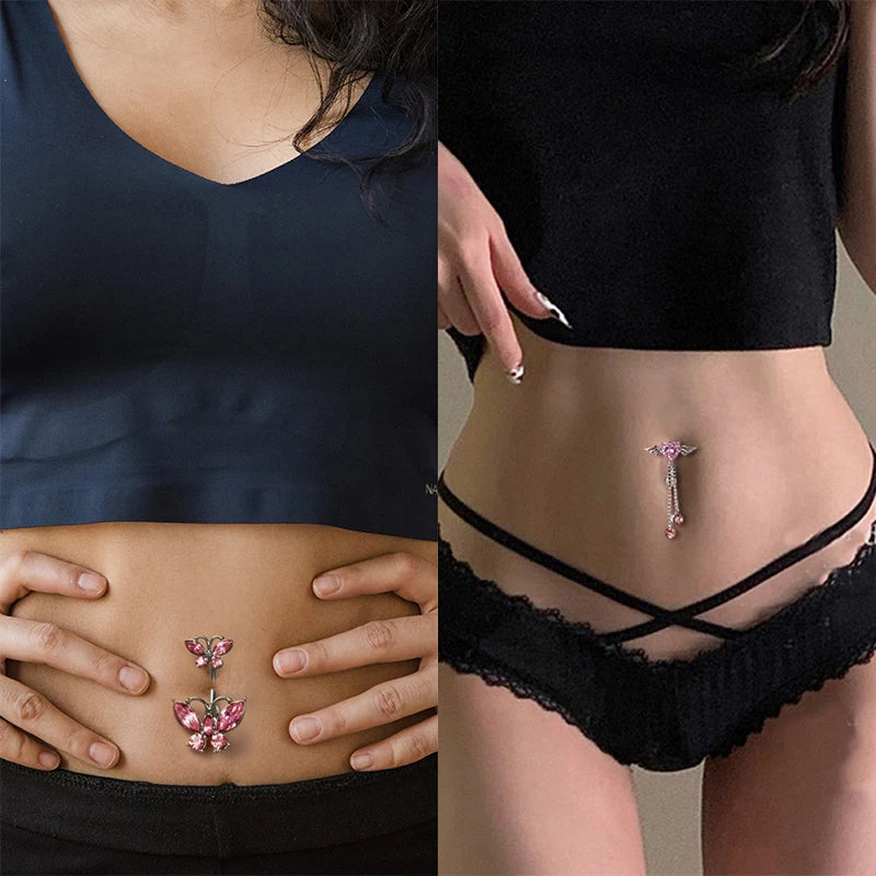 Steel Belly Button Rings Pink Crystal Piercing Navel Heart Style Navel Piercing Earring Belly Piercing Sexy Body Jewelry Ombligo