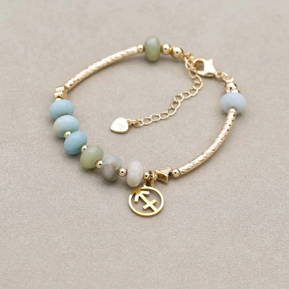 12 Zodiac Constellation Natural Stone Amazonite Beads Charm Strand Bracelet for Women Gold Plated Fashion Jewelry Gifts