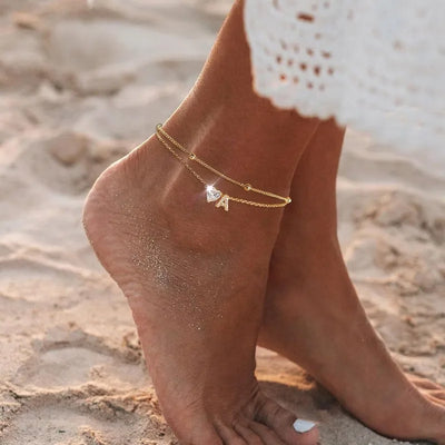 Waterproof 14K Gold Ankle Bracelets for Women, with Plated Dainty Layered Heart CZ Initial