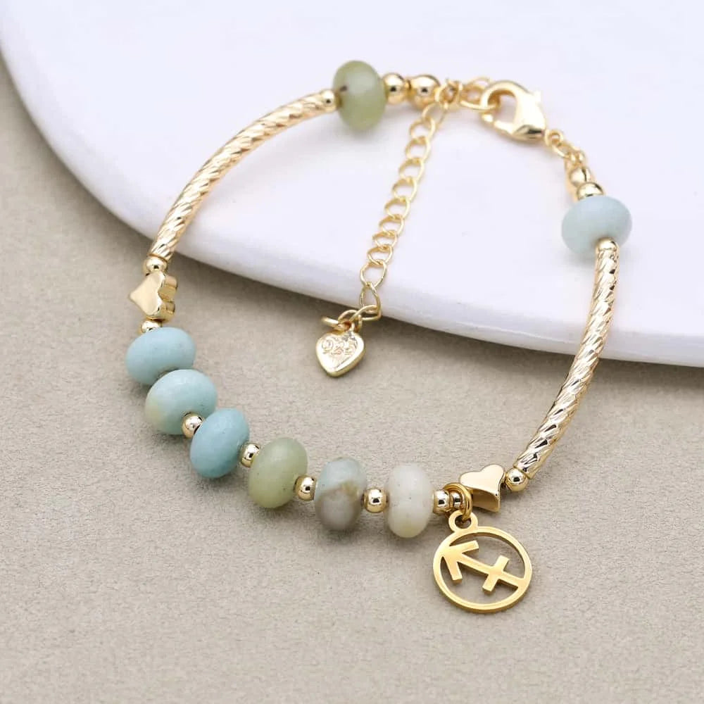 12 Zodiac Constellation Natural Stone Amazonite Beads Charm Strand Bracelet for Women Gold Plated Fashion Jewelry Gifts